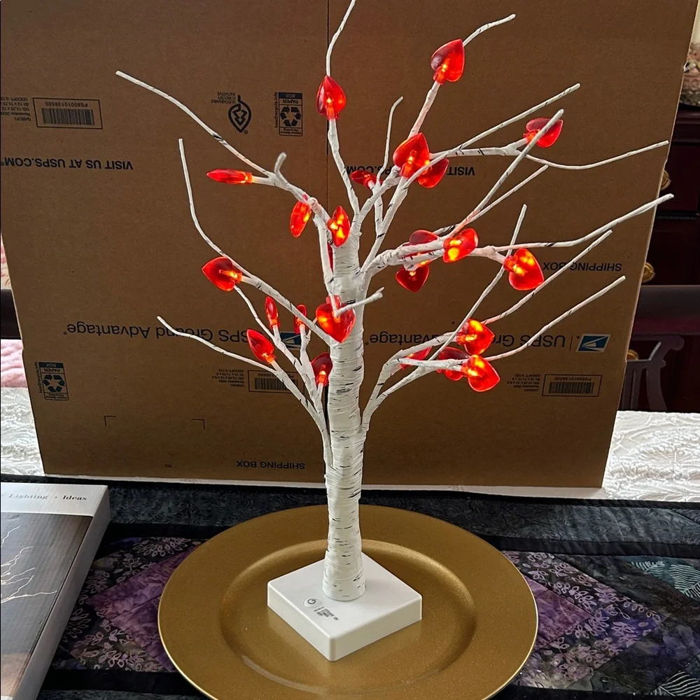 Illuminated Faux Birch Tree with or without Vibrant Red Hearts;Battery Operated